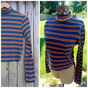 Vintage 90s thermal colorful striped long sleeve mock collar top - womens size S